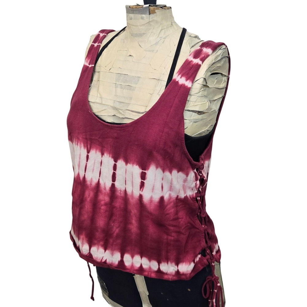 LUNACHIX Burgundy Tie Dye Tank Top Womens XL Crop Side Lace Up Festival Grunge